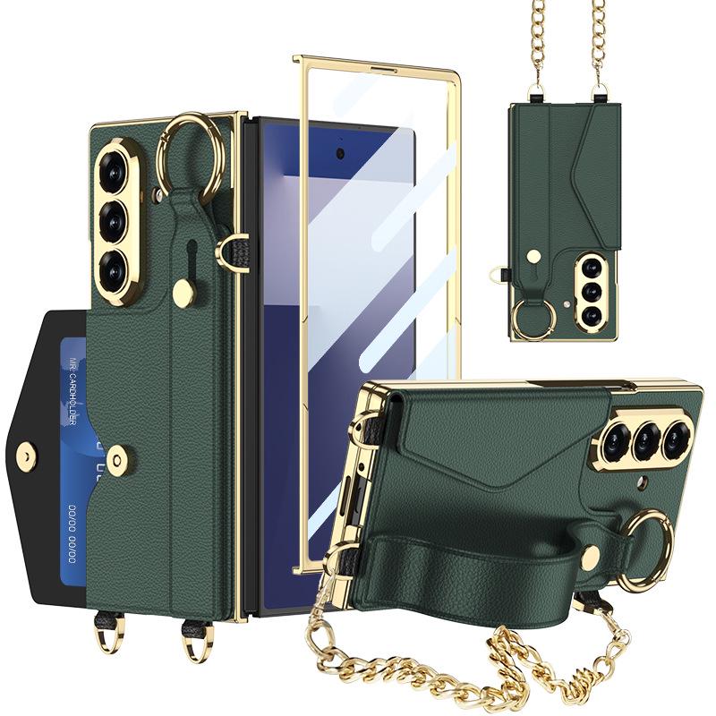 Samsung Z Fold7 Wristband Case: Fashionable Electroplated Leather with Card Holder and Lanyard