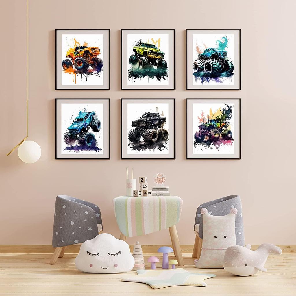 Monster Truck Posters Wall Art Prints for Boys Room Decor,Watercolor Monster Truck Car Posters For Boys Kids Room Decorations,Nursery Kids Room