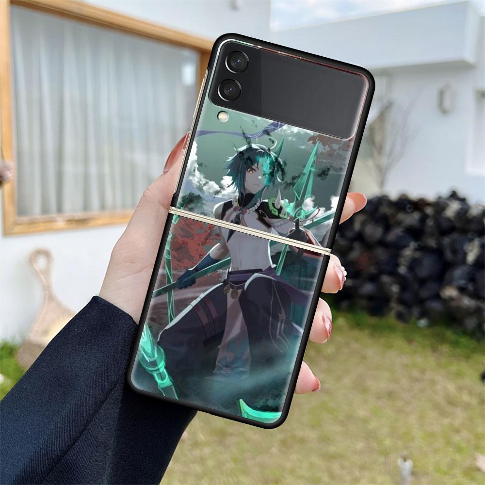 Роскошный чехол для Samsung Galaxy Z Flip 4 3 5G, черный ПК, жесткие чехлы для телефонов, модная задняя крышка ZFlip Funda Game Genshin Impact Shell