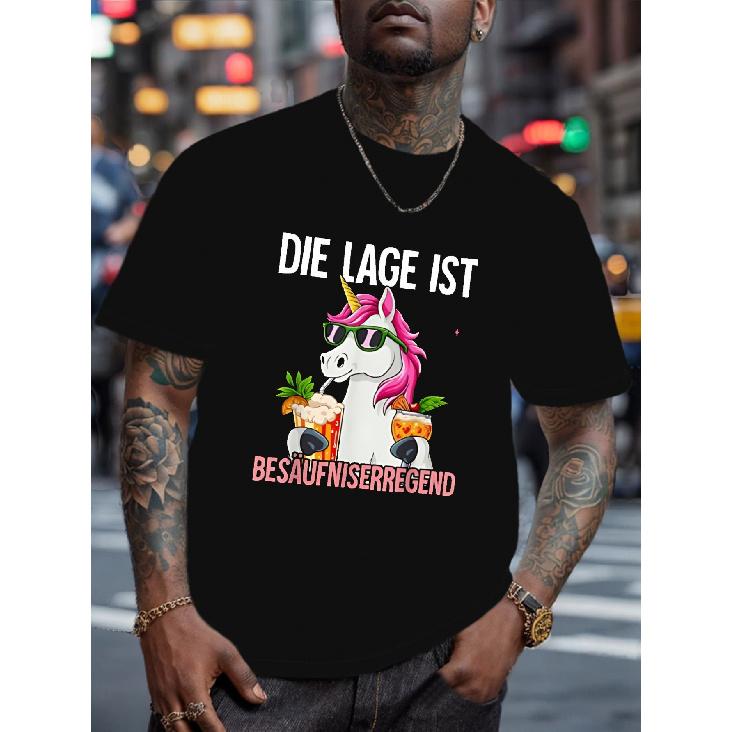 Men's black short sleeve t-shirt with funny unicorn graphic, crew neck, soft cotton feel, casual fit for streetwear and party use