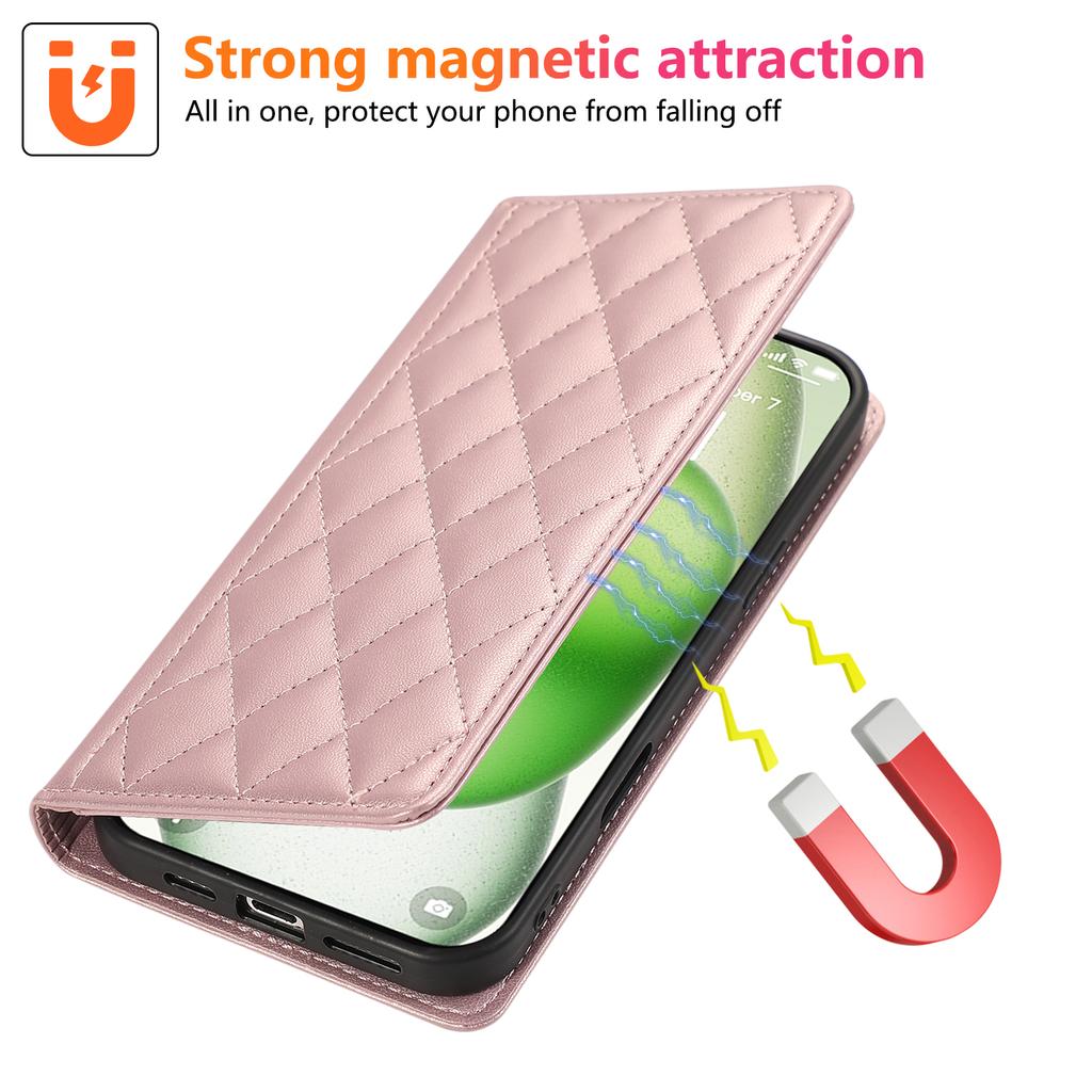 For iPhone 16 Pro Case RFID Blocking Wallet Stand Rhombus Leather Phone Cover with Wrist Strap