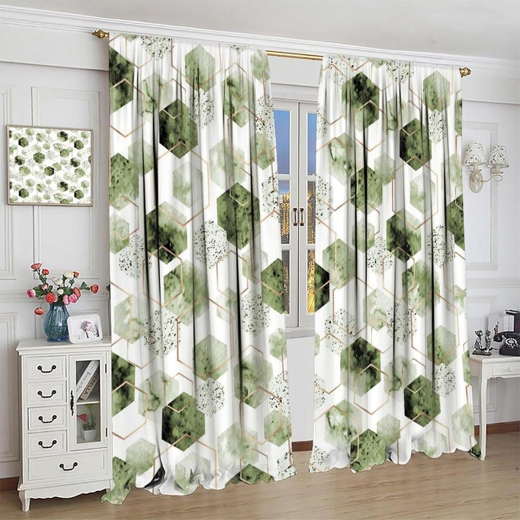 Sage Green Modern Curta,Abstract Geometric Art Pattern Drapes Window 2 Panel Rod Pocket Curtain For Bedroom Living Room Decor