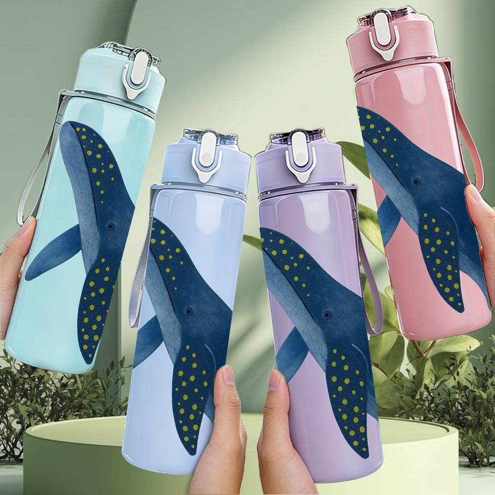 1PC Blue Giant Whale Watercolor 750ml Color Plastic Sports Water Bottle Leakproof Flip Straw Lid For Sports Office Home Use