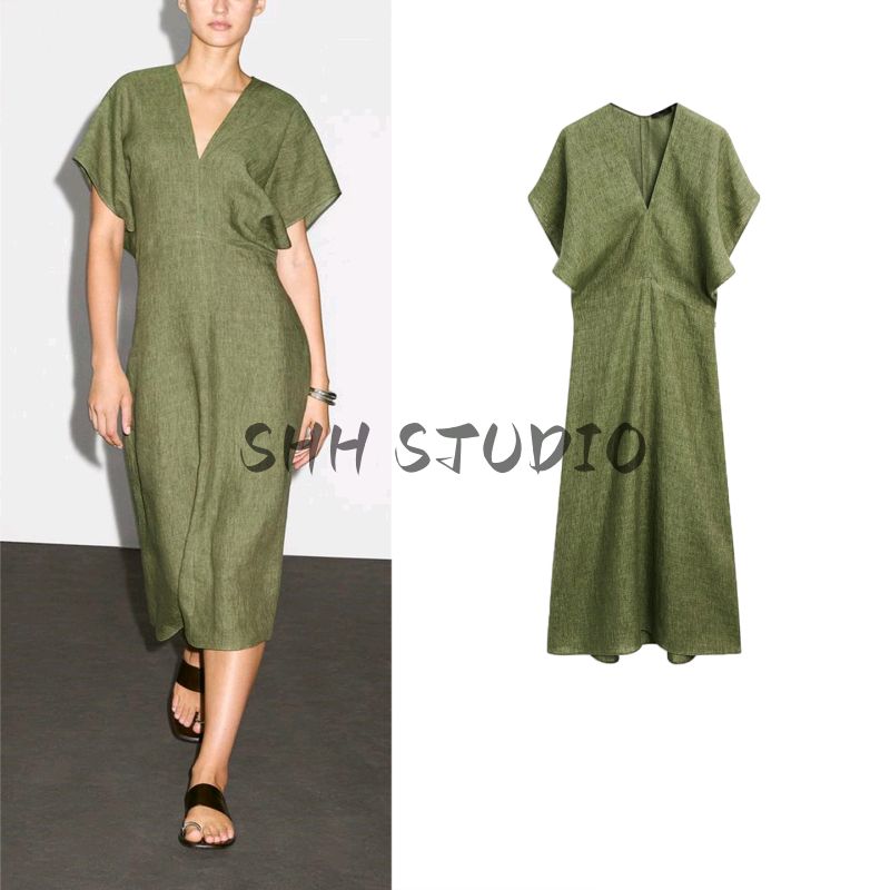 MD Summer New Arrival Women's Vacation Normcore Old Money Style Linen Blend V Neck Short Sleeve Long Dress 6616530