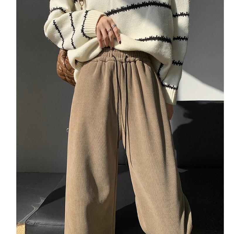 Fashion Women Drawstring Loose Casual Wide Leg Pants Autumn Fleece High Waist Winter Velvet Trousers for Women Elegant Solid Straight Lady Pants 2357