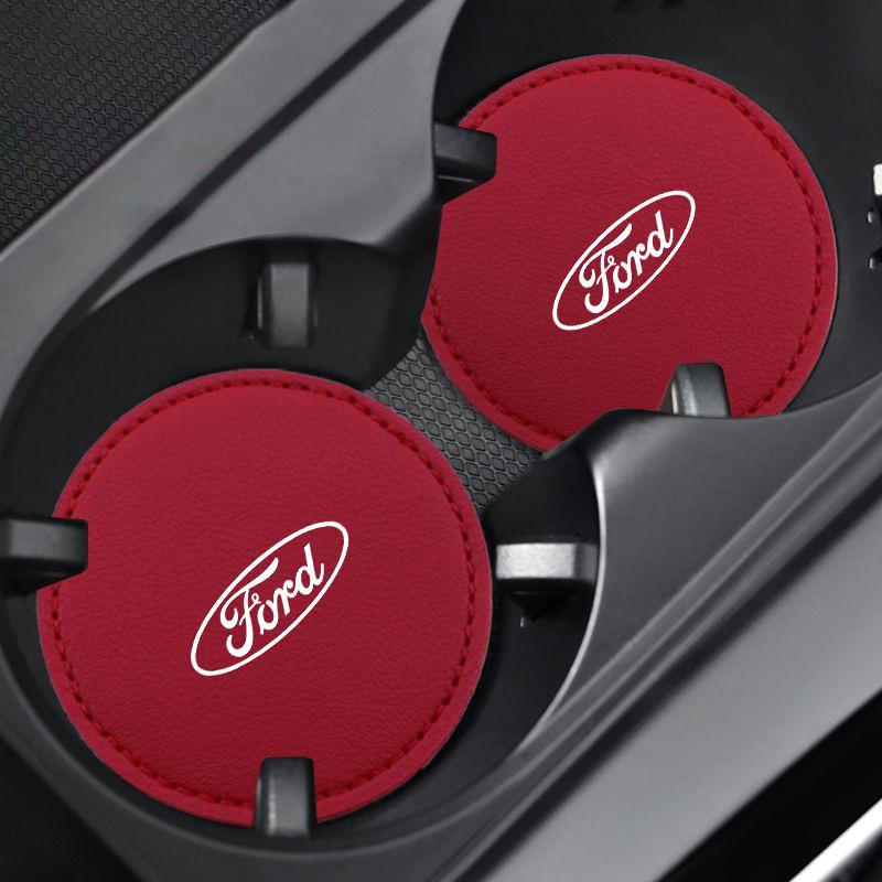 VEDB9 2PCS Car Non Slip Water Cup Pad Leather Coasters Mat For Ford ST Racing RS S Mustang Kuga Fiesta Fusion Mondeo Edge Ranger S-Max