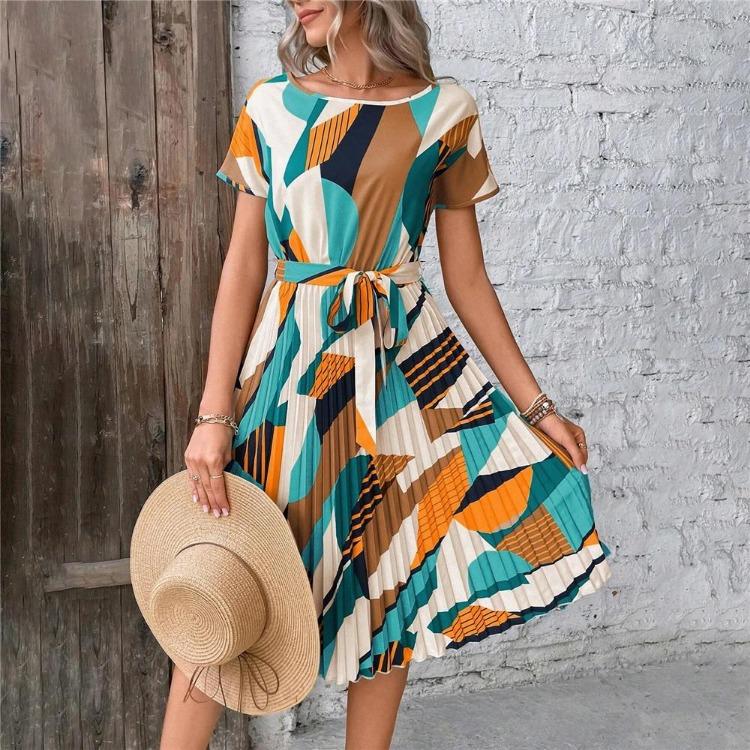 Women Summer Pleated Dress with Belt Round Neck Short Sleeve Medium Long