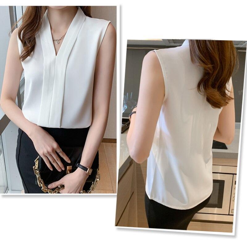 Офисная женская шифоновая рубашка женская летняя безрукавка 2023 года сексуальные майки однотонные майки с V-образным вырезом одежда