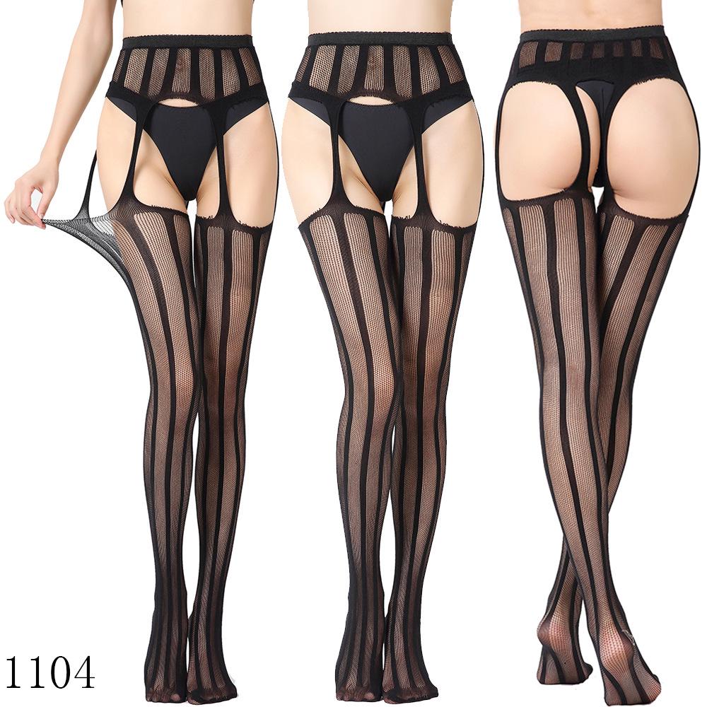 Sexy Elastic Fishnet Stockings with Garter Belt - Women's Open Crotch Fine Mesh Anti-Slip