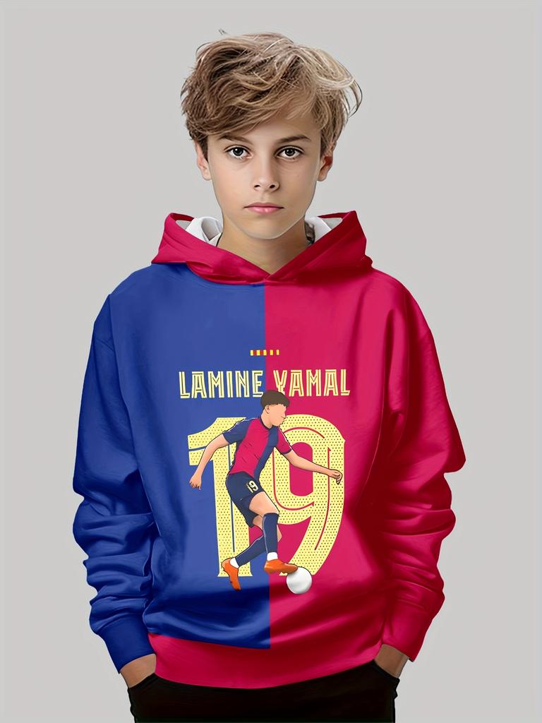 Children's 3D Printed Lamine Yamal Pattern Hoodie, Suitable for Play, School, and Casual Wear in Spring and Autumn Seasons