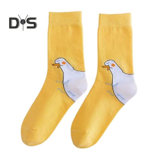 1 Pair Couple Winter Cartoon Socks Goose Duck Printing Mid-tube High Elasticity Wrapping Anti-slip Socks Comfort Warmth Sleeping Socks