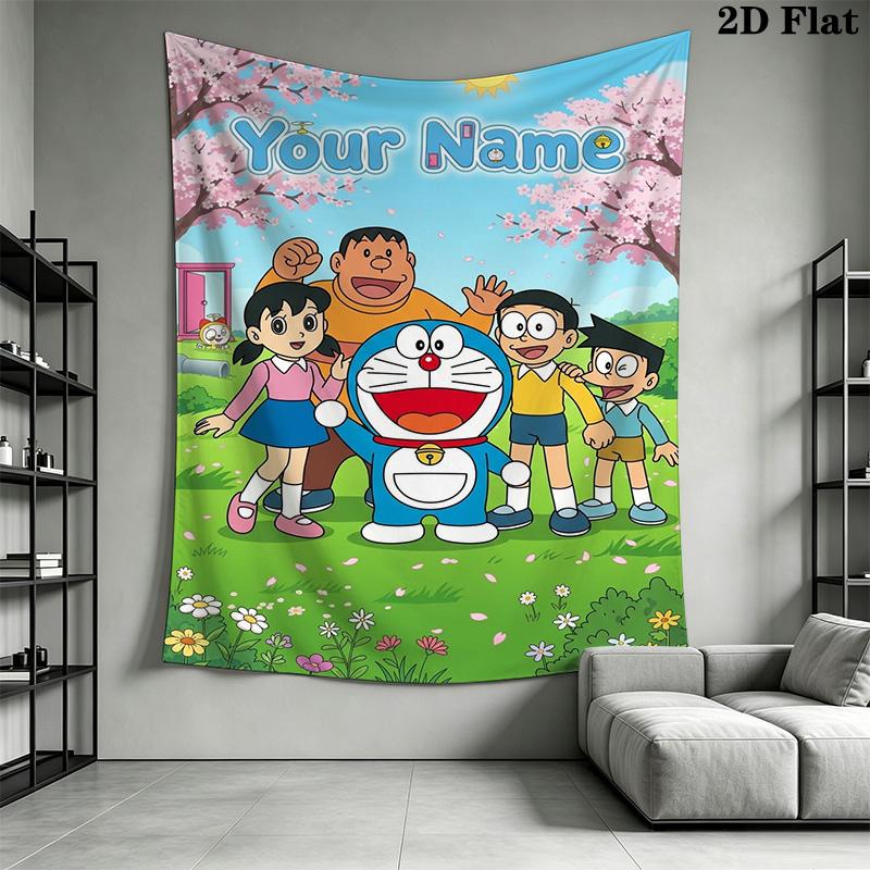 Name Custom Doremon Friends Wall Tapestry Aesthetic Wall Hanging Printed Fabric Blanket Decorative Tapestries for Bedroom Living Room Home Decor