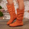 Women Fashion Mid-Calf Boots Round Toe Mid Tube Knee High Boots Side Zipper Comfortable Shoes Casual Flat Bottom Shoes Women