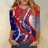 Летняя женская мода, повседневная рубашка с рукавом три четверти, пуловер с круглым вырезом и принтом в честь Дня независимости, топ, блузка