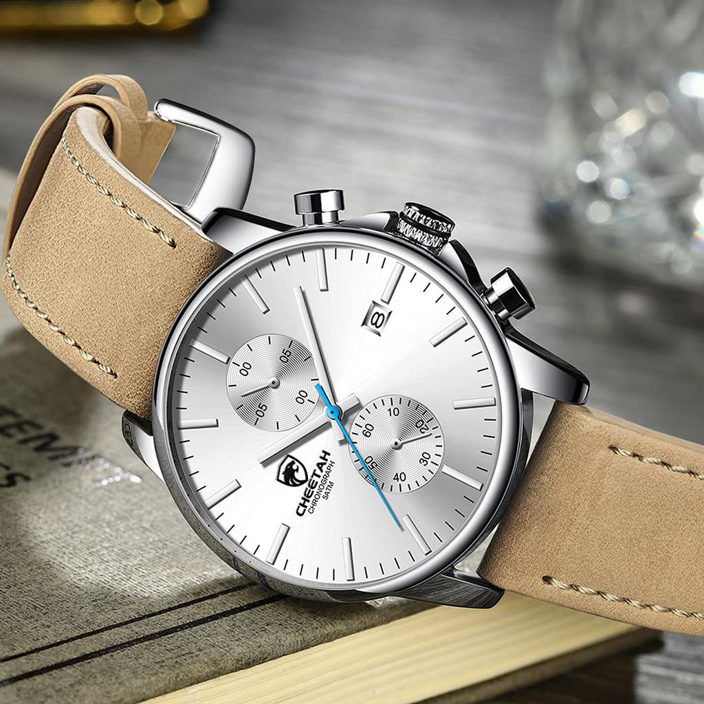 GOLDEN HOUR модные спортивные кварцевые часы с кожаным ремешком водонепроницаемый хронограф автоматическая дата в коричневых мужских часах, синие/красные стрелки, цвет черный,