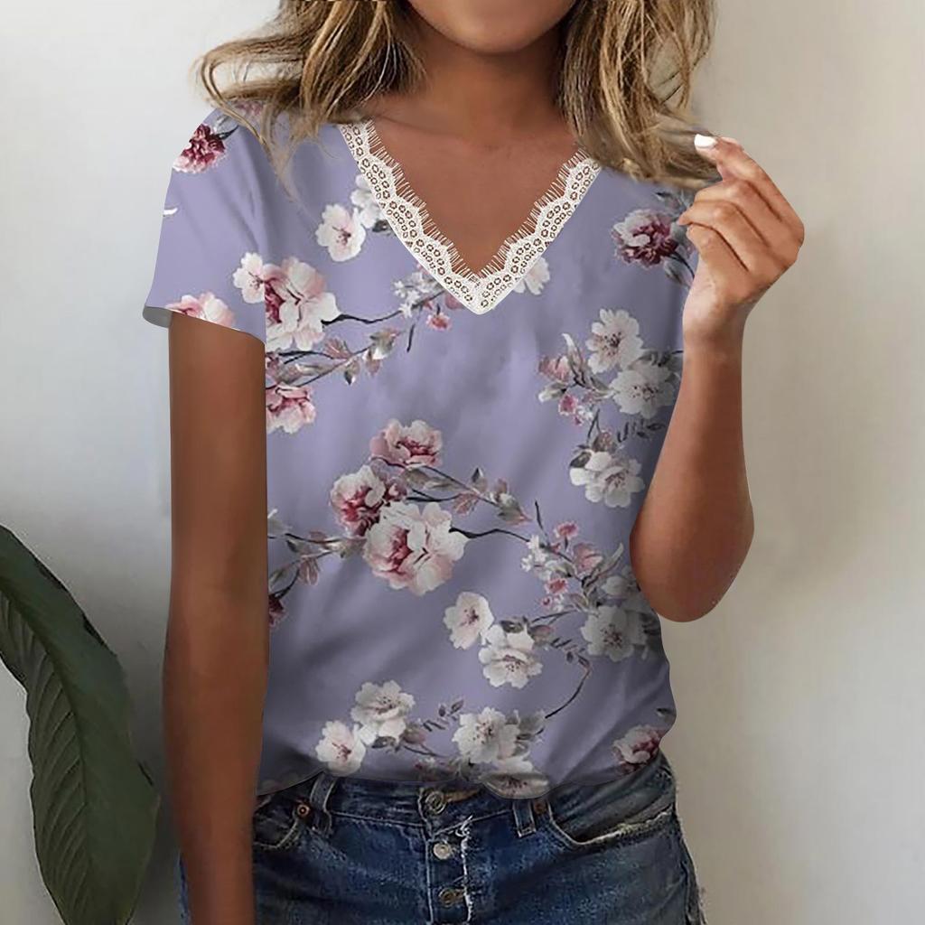 Summer Ladies V Neck Solid Color Lace Print Short Sleeve Lightweight Street Style Solid Color T-Shirt Top