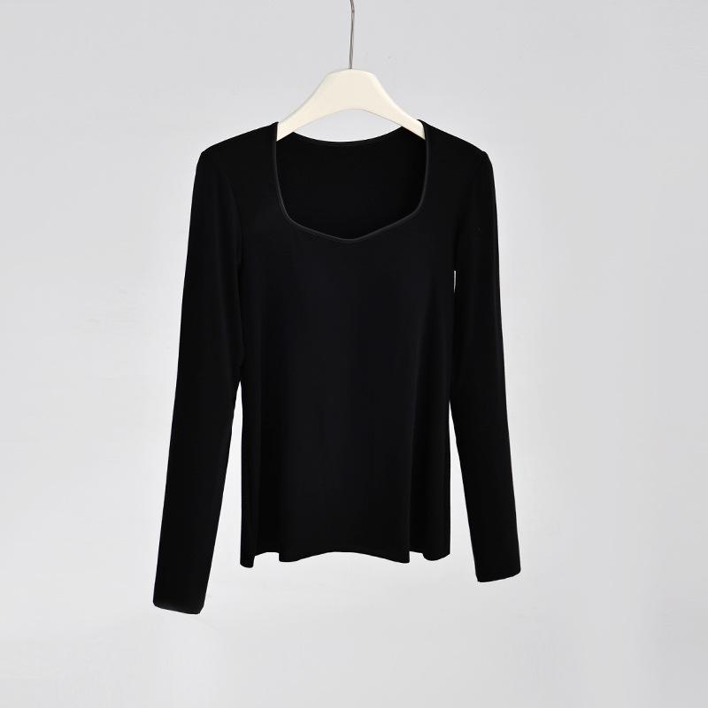 Women's Wool Square Collar Long Sleeve Thermal Shirt with Chest Pad