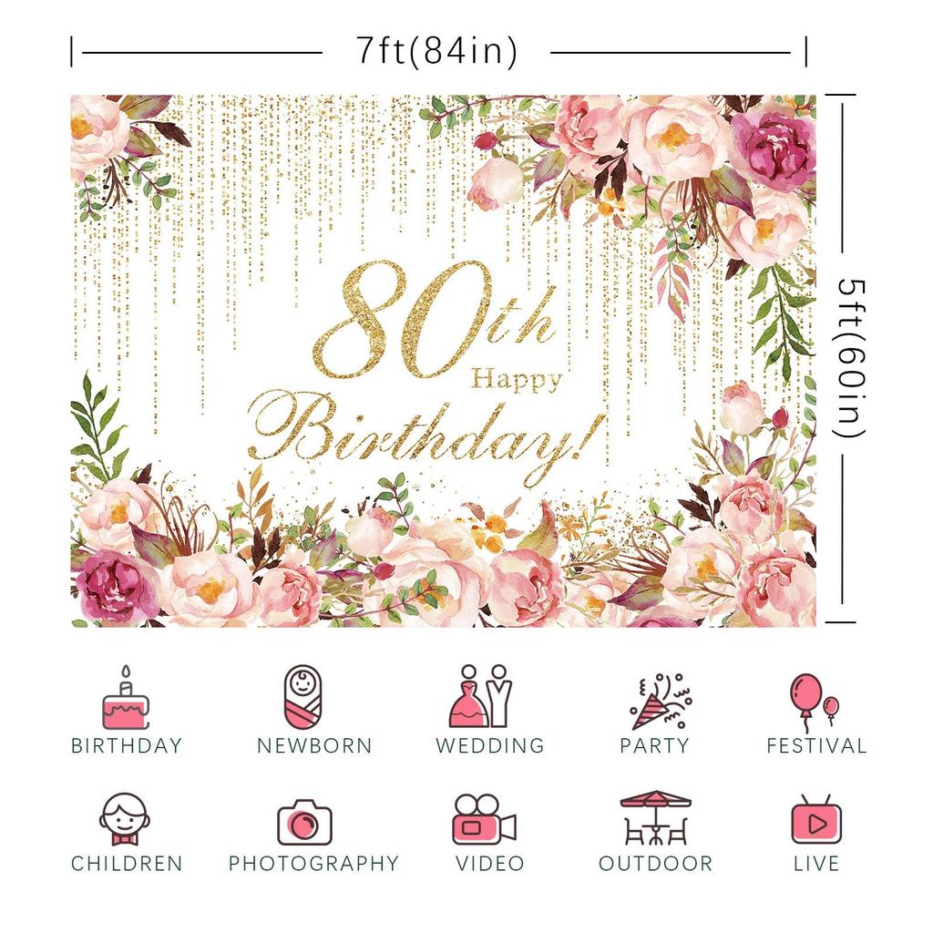 Happy 80th Birthday Backdrop 7x5ft Floral Photography Background - Party