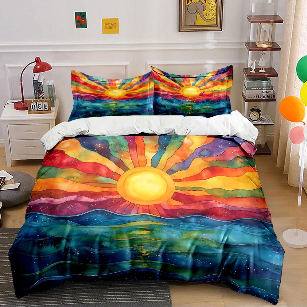 Colorful Sunrise Over Waves Bedding Duvet Cover Set Duvet Cover Pillowcases (1*Duvet Cover 2*Pillowcases, without duvet insert)