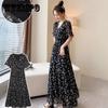 Chiffon Floral V-neck Dress Women's Long Dress Ruffle Sleeve Printed Maxi Dress Large Waist Skirt Seaside Holiday Beach Dresses