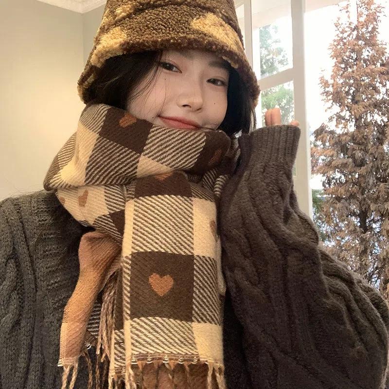 WTEMPO Женские осенне-зимние милые ветрозащитные шарфы в стиле ретро, элегантные, в клетку, с принтом в виде маленьких сердечек, рождественские, новогодние, теплые, с кисточками, подарки