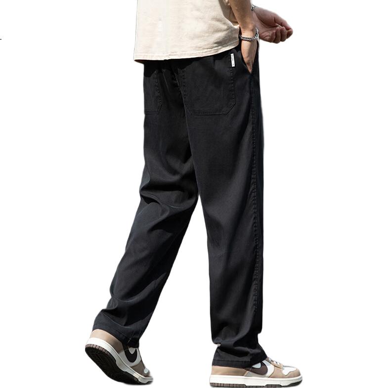Luomeng [Tencel Cool Touch] Men's Casual Pants, Winter Breathable Classic Loose Wide-Leg Trousers, Black, Size 28