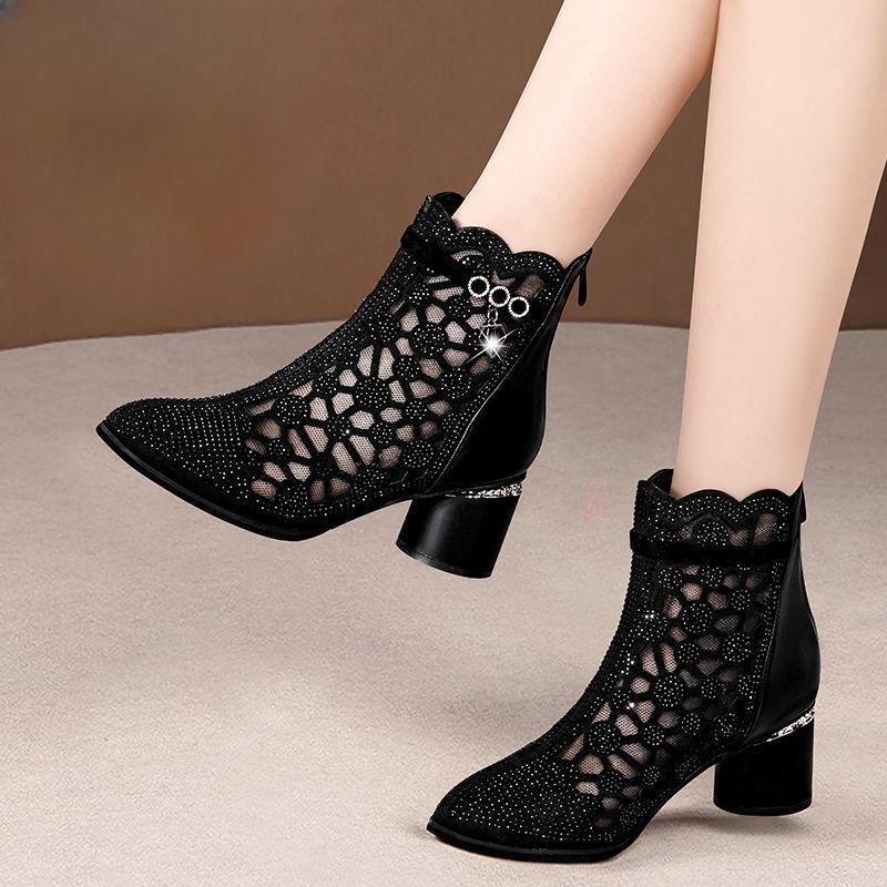 Soft Leather Mesh Cool Boots Spring and Summer Hollowed Out Sandals Women's Rhine-drill Permeable Chunky Heel Ankle Boots Women's Single Boots