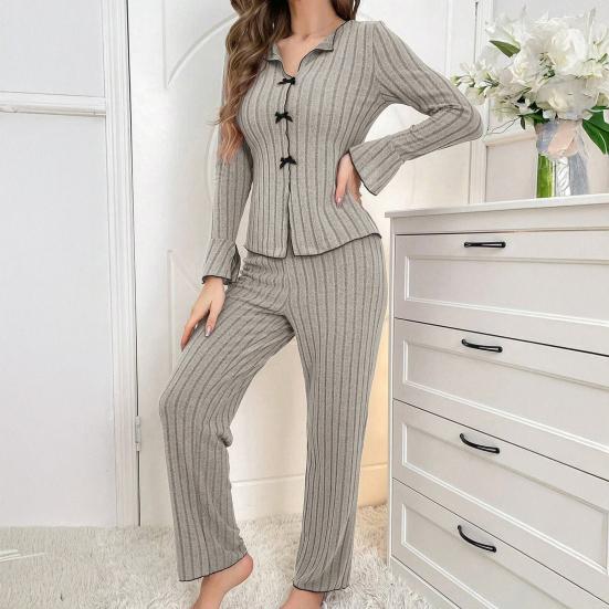 Женский пижамный комплект из 2 предметов: топ с длинным рукавом и бантом и длинные брюки. Комплект для сна, повседневная осенняя домашняя одежда.
