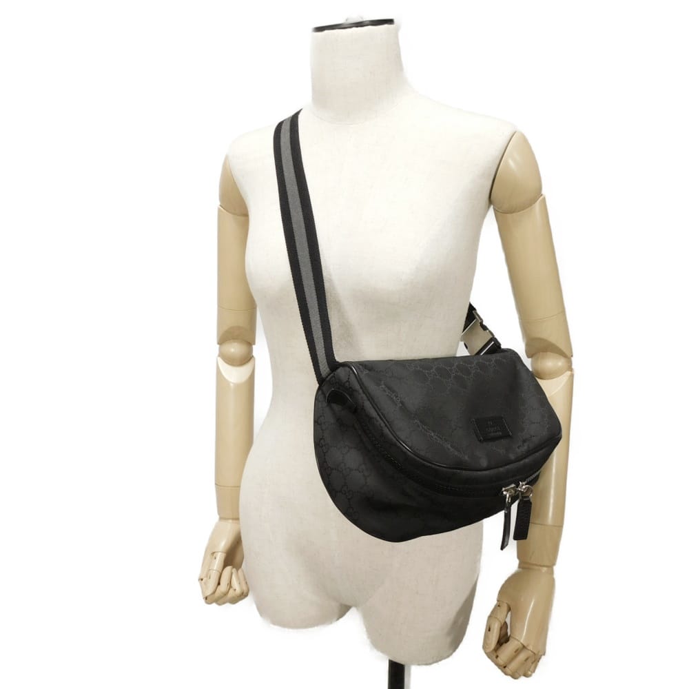 Used 9539 GG Nylon Waist Pouch 449182 7929 Leather Patch Gray Shoulder Bag with Embossed Logo Black Men's from Japan