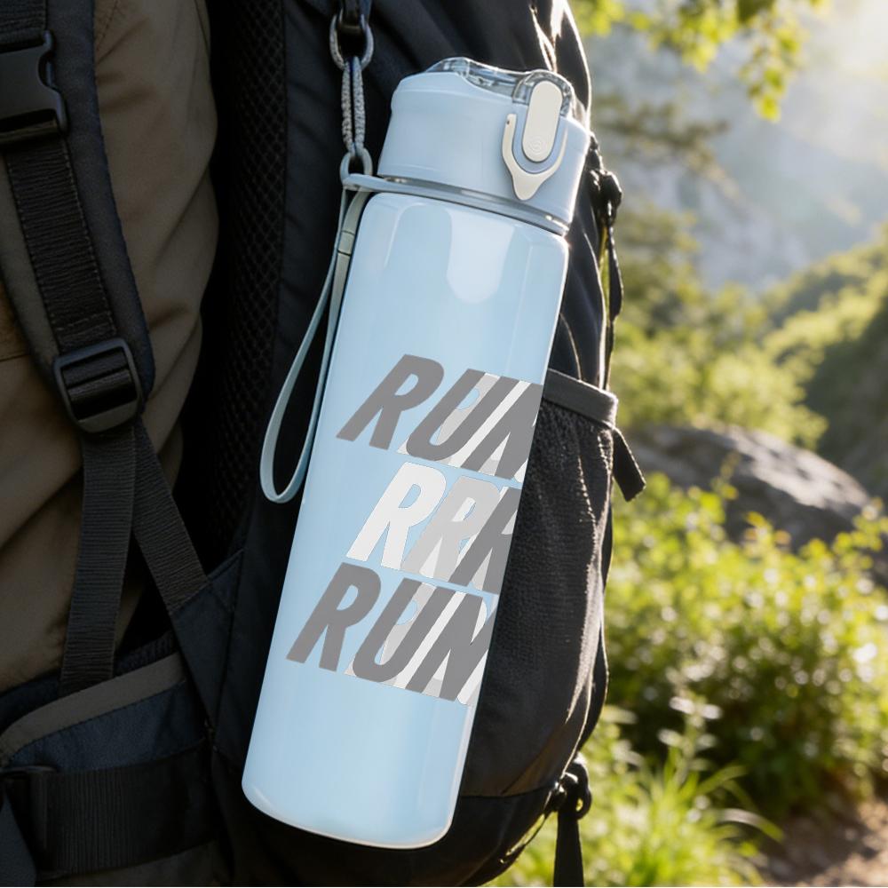 1PC Run run run stacked text print 750ml colorful plastic sports water bottle leakproof pop up lid with straw for outdoor work home use