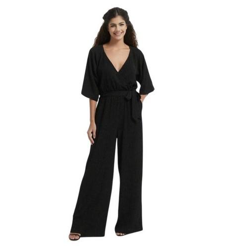 Be You Womens/Ladies Crinkled V Neck Relaxed Fit 3/4 Sleeve Jumpsuit