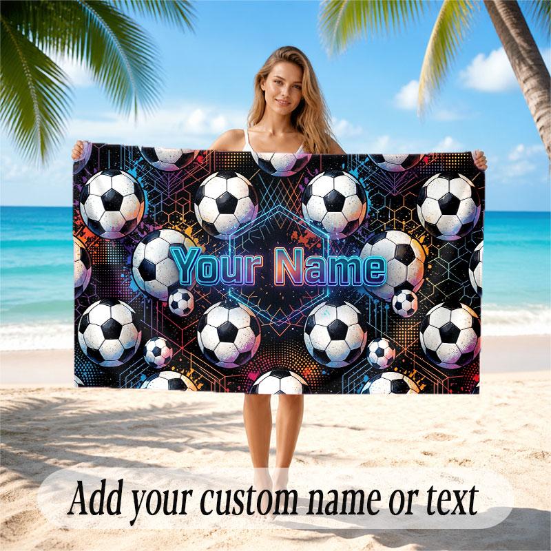 Soccer Theme Beach Towel Personalized Custom Name & Text Soft Quick Dry Beach Towel for Swimming Travel