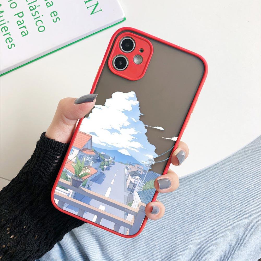 Матовый чехол для iPhone 11 12 13 14 Pm Pro Max XR X 8 7 Plus Pro XS Mini Skin Feeling Cover Япония Аниме Ручная роспись Домашний пейзаж
