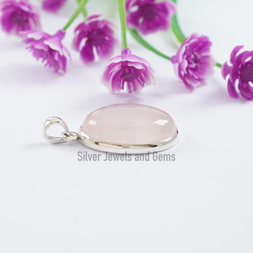 925 Sterling Silver Rose Quartz Pendant, Oval Pink Gemstone, Capricorn Birthstone
