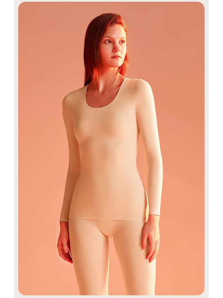 Женский ультратонкий бесшовный термобелье — телесного цвета, высокая эластичность, невидимое тепло, идеально подходит для осени и зимы.