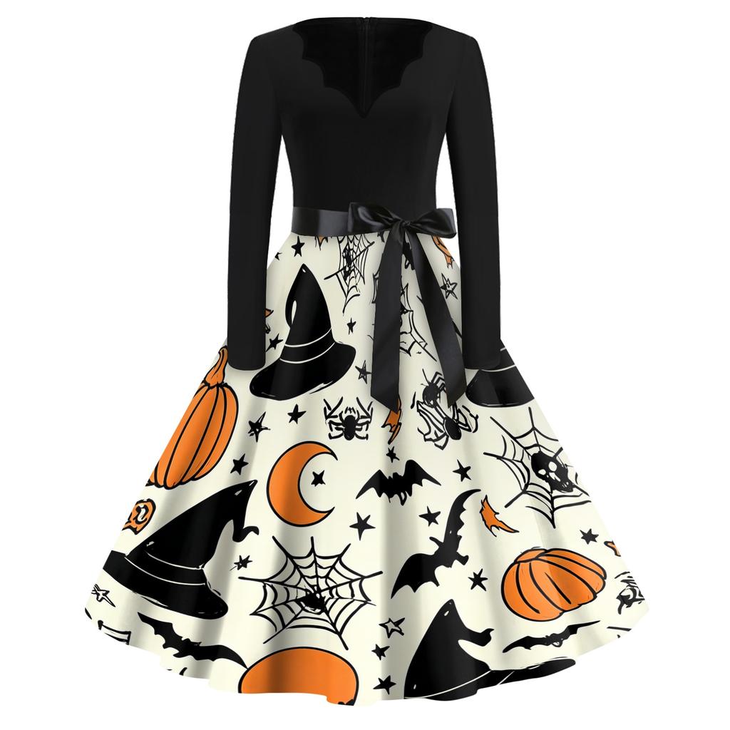 Womens Casual Halloween Print V Neck Vintage Dress Long Sleeve A Line Retro Style Midi Dress with Waist Tie