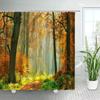 Autumn Forest Landscape Shower Curtain Maple Trees Road Plants Fallen Leaves Rural Scenery Wall Hanging Bathroom Decor Curtain
