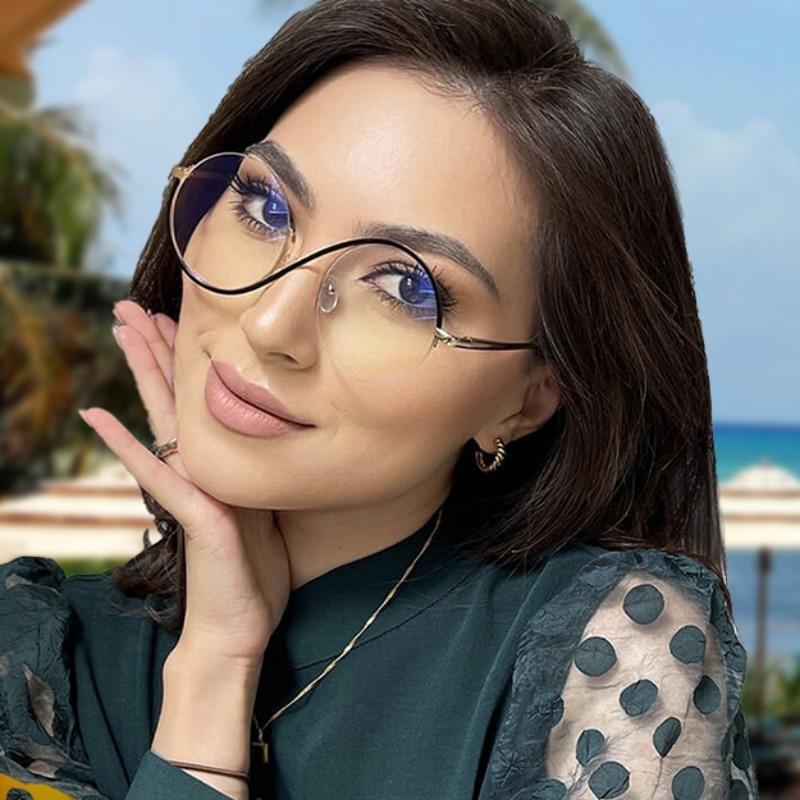Round Semi-Rimless S Shape Glasses Women Eyeglasses Big Frame Clear Lens Optical Eyewear Men Vintage Anti-Blue Light Computer Eyeglass