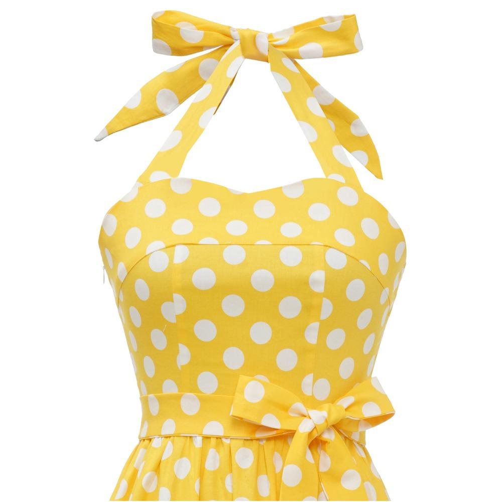Retro polka-dot lace-up halter-neck flared ball gown performance dress, bohemian style