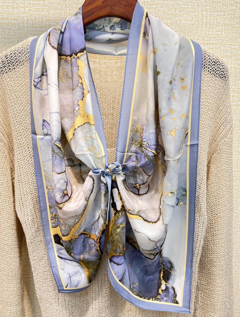 Blue Gilt Double Crepe Silk! Mulberry Silk Silk Scarf For Women'S Spring And Summer Temperament With Decorative Scarf Streamer