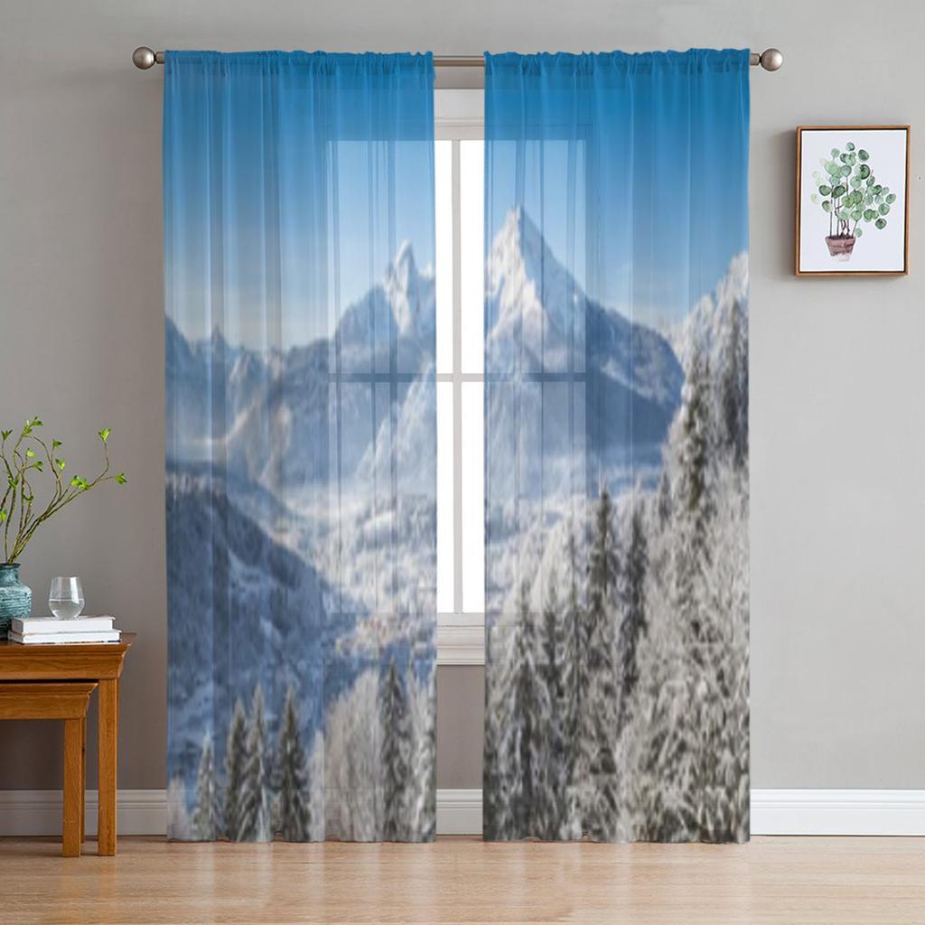 Альпийский пейзаж с вершинами, покрытыми снегом и облаками, прозрачные тюлевые шторы для гостиной, кухни, декор, вуаль, занавеска из органзы