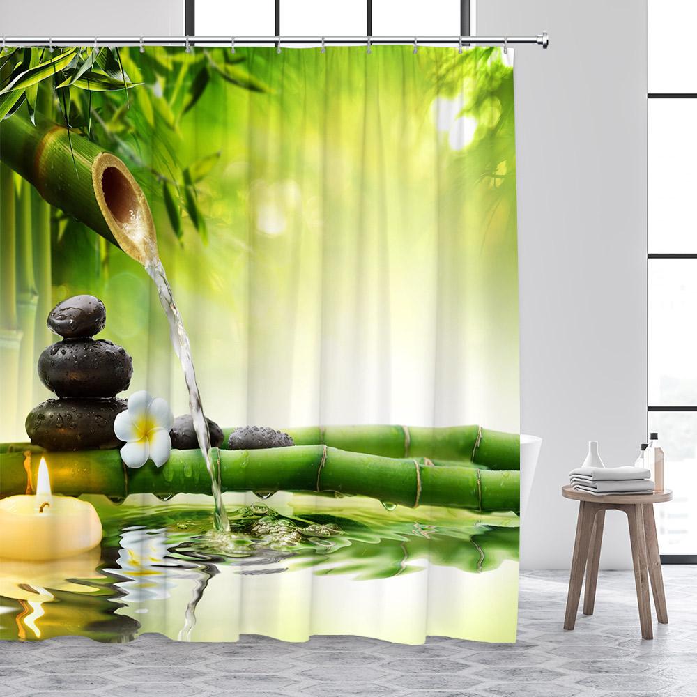 Дзен Занавеска для душа Зеленый бамбук Будда Розовая орхидея Лотос Лебедь Спа Природа Пейзаж Занавески для ванной Ткань Домашний декор с крючками