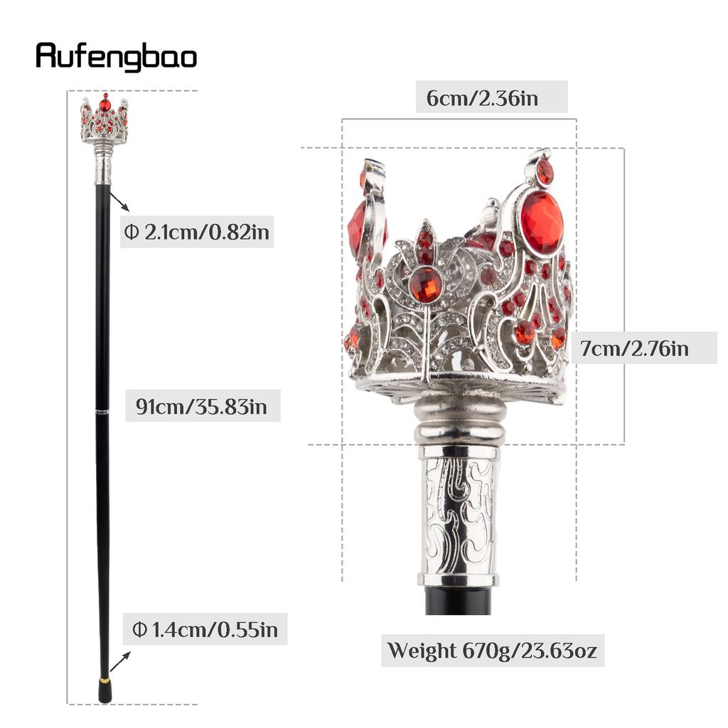 Silver Crown Artificial Red Diamond Walking Cane Fashion Decorative Walking Stick Gentleman Elegant Cosplay Cane Crosier 91cm