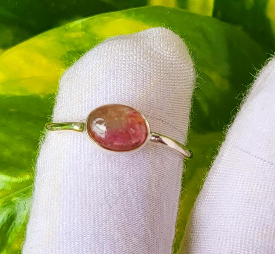 Natural Gemstone Bi Color Tourmaline 925 Sterling Silver Hammer Ring Sz 8.25 US