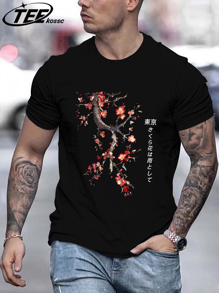 Cherry Blossoms And Rain In Tokyo Mens T Shirts Hip Hop AllMatch Tops Casual Cotton Retro Clothes Male Loose ONeck Streetwear