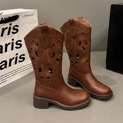 Женские ковбойские сапоги с перфорацией, осень 2025, новые, коричневые, с V-образным вырезом до колена, средней длины, рыцарские сапоги