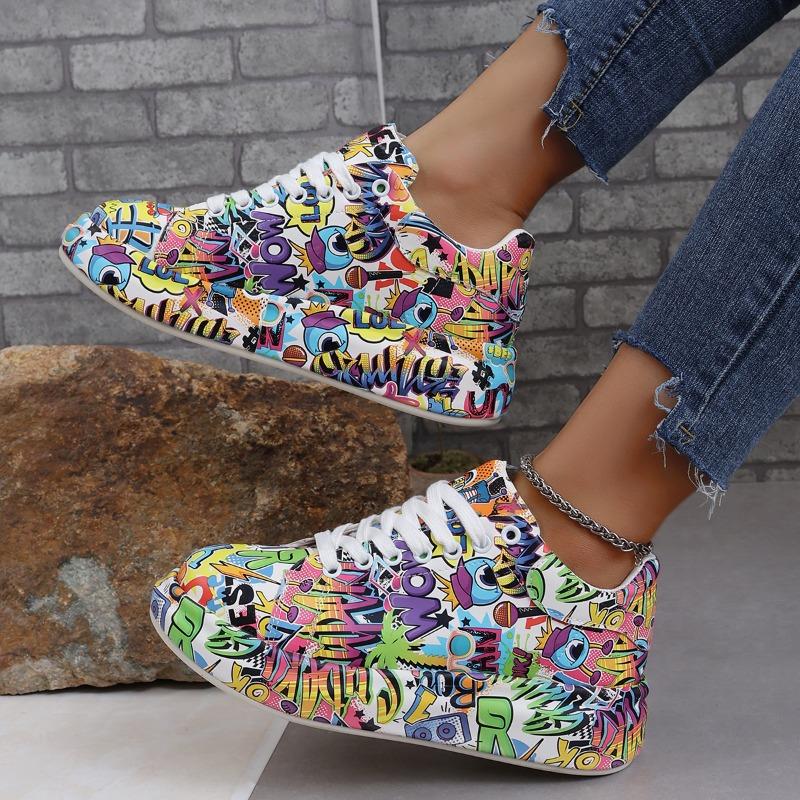 Women's Casual Sneakers  Fashion New Painted Graffiti Lace Up Sports Shoes for Women Flat Pu Leather Ladies Running Shoes