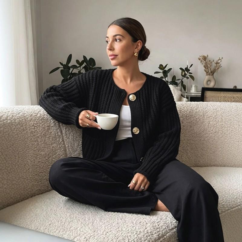 2026 Womens Knit Cardigan Metal Button Oversized Thick Crew Neck Sweater
