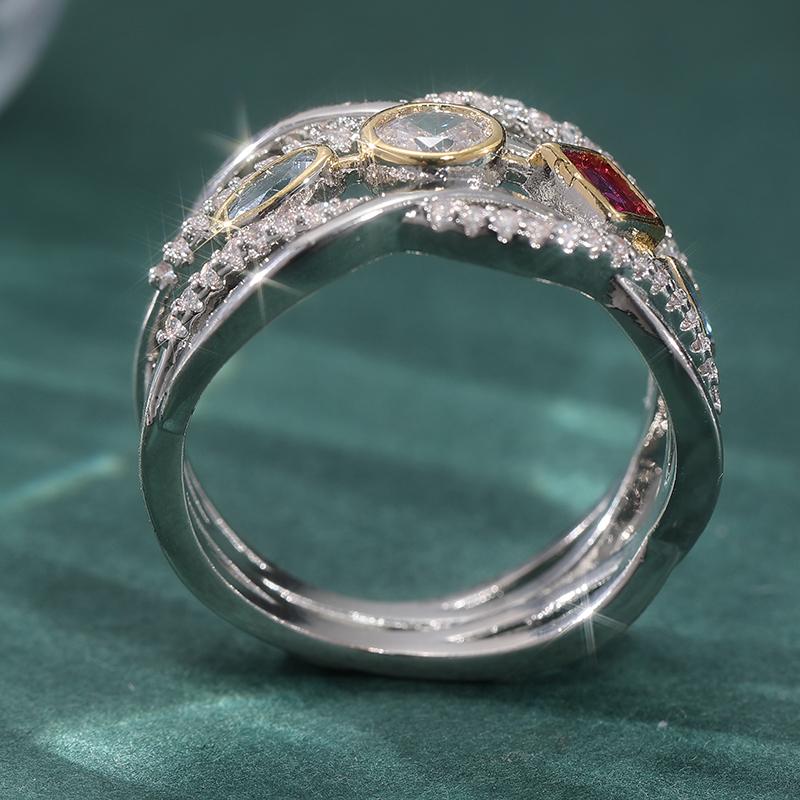 Vintage Two Color Inlaid White Red Green CZ Women's Ring Geometry Hollow Daily Wear Party Jewelry