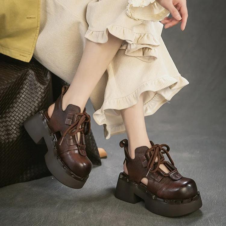 Johnature Ретро Сандалии из Натуральной Кожи с Вырезами Круглый Носок На Шнуровке Толстая Подошва Женская Обувь